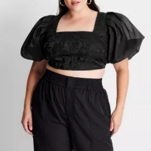 Future Collective Black Organza Puff Sleeve Crop Top - Picture 2 of 11